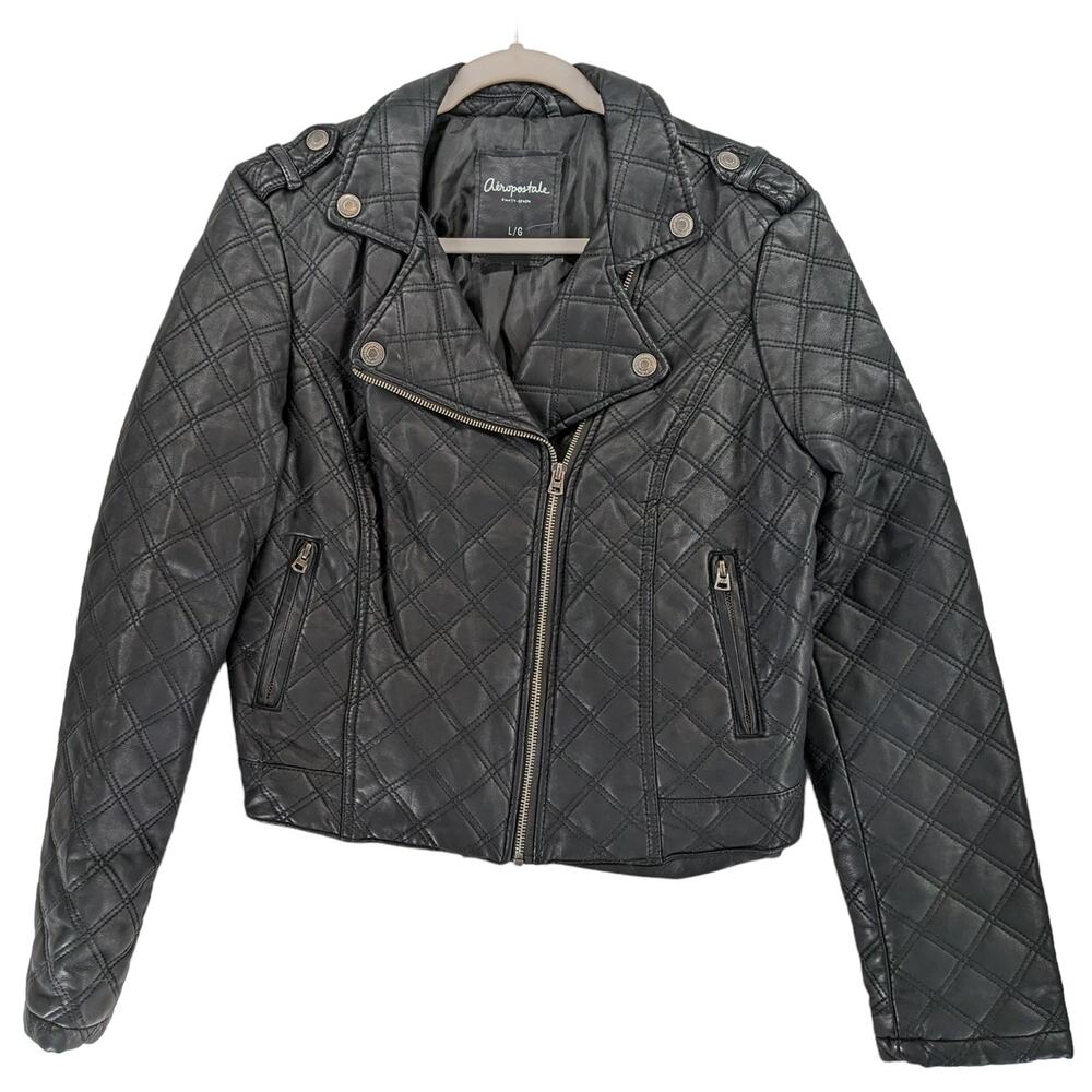Aeropostale‎ Faux Leather Moto Jacket Large Black Full Zipper Quilted Biker Coat